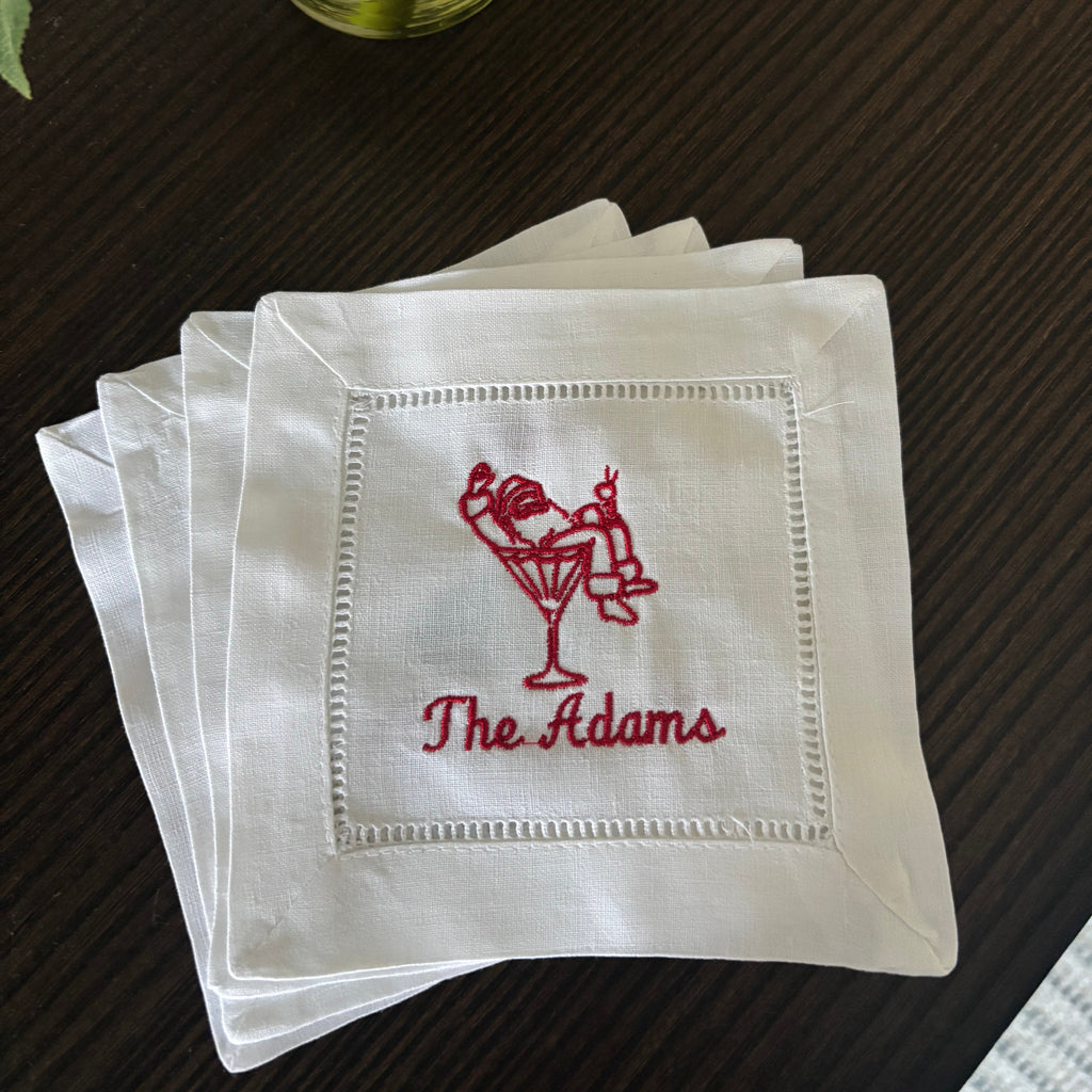 Personalized Cocktail Napkins – Custom Hostess Gift | Elegant Hemstitch Linen Cloth Set of 4.