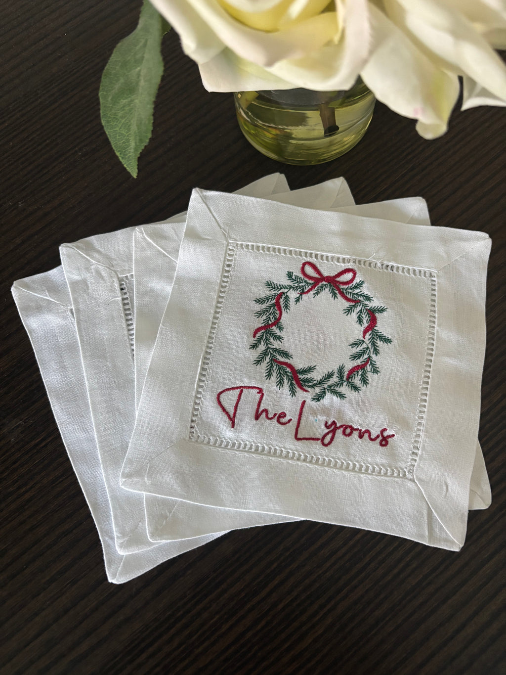 Personalized Cocktail Napkins – Custom Hostess Gift | Elegant Hemstitch Linen Cloth Set of 4.