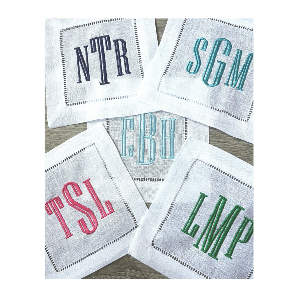 Personalized Cocktail Napkins – Custom Hostess Gift | Elegant Hemstitch Linen Cloth Set of 4.